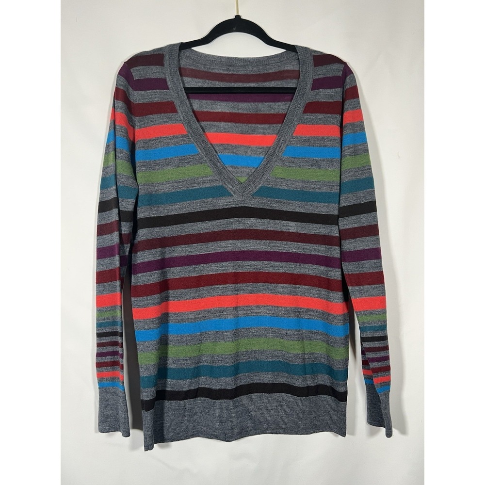 Merino Wool Blend Long Sleeve Knit Sweater Stripes Deep V Neck Size M Preppy